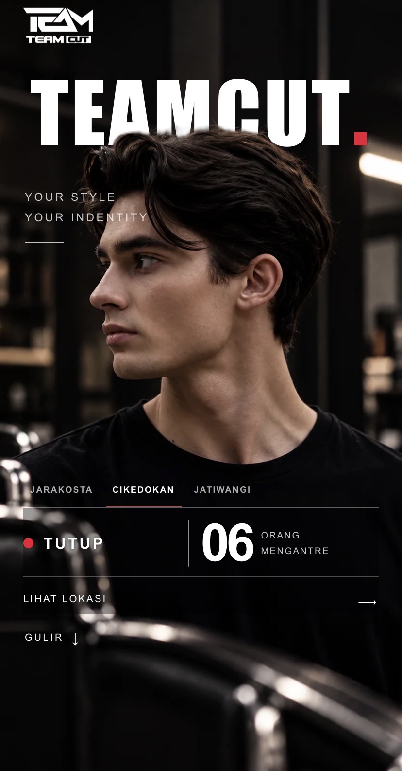 TEAMcut mobile home screen with branch and queue information